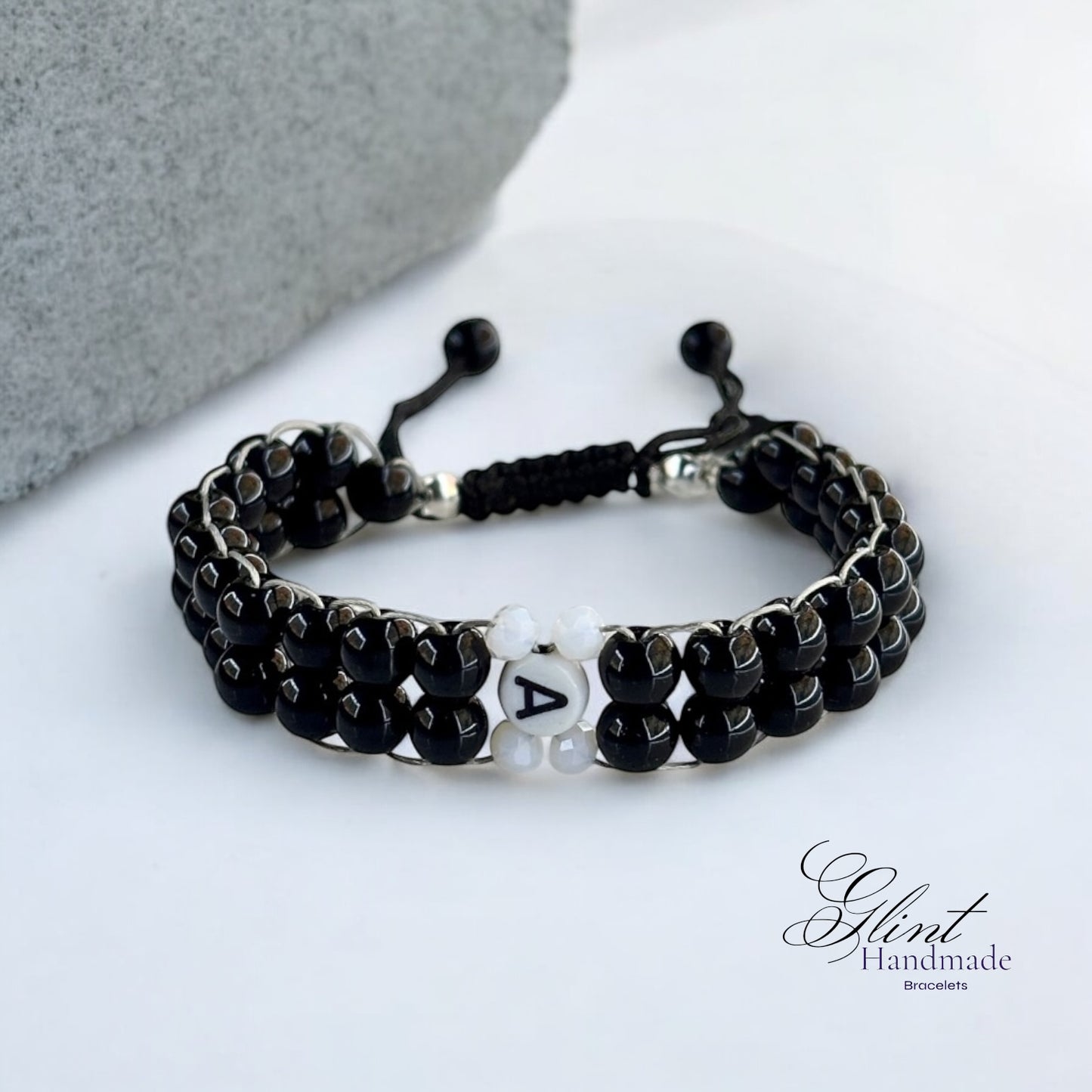 Personalized Black Beaded Macrame Bracelet