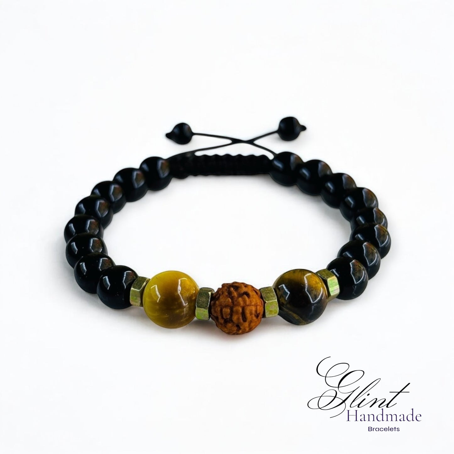 Glint Handmade Black Glass Beads Bracelet with Tiger Eye, Rudraksha, and Brass Bolt Spacers