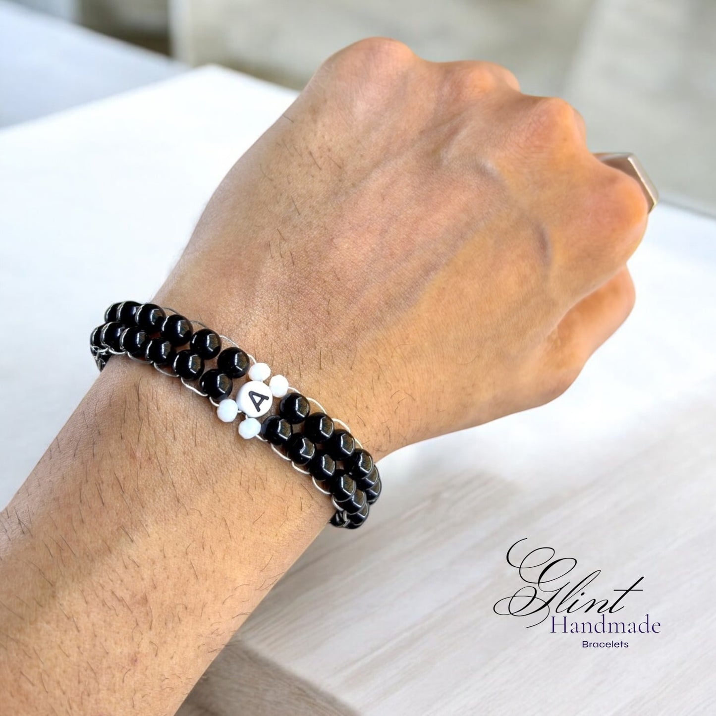 Personalized Black Beaded Macrame Bracelet