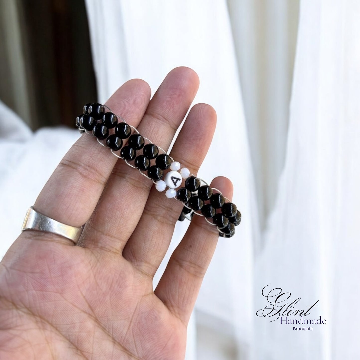 Personalized Black Beaded Macrame Bracelet